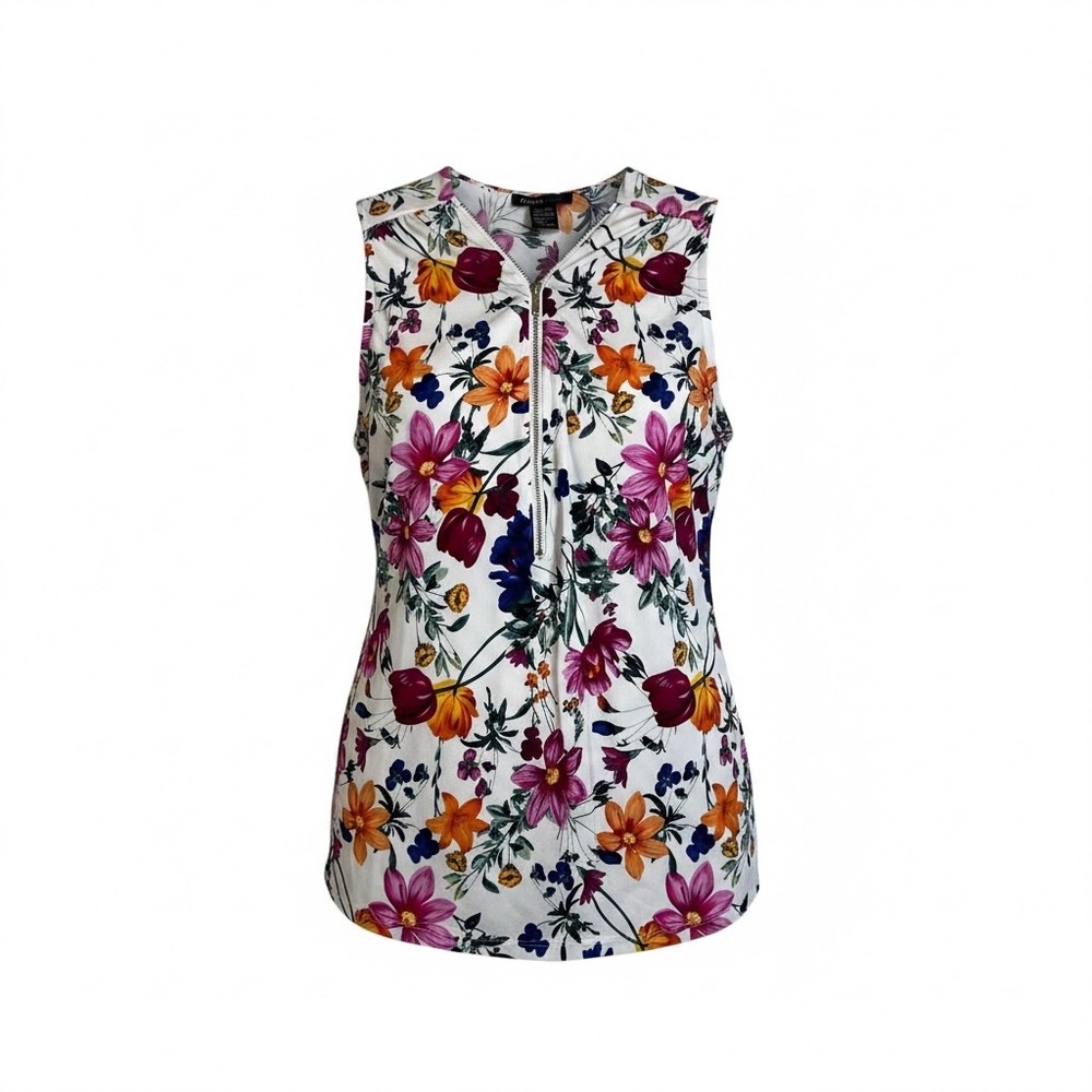 Robert Louis Floral Liquid Knit Sleeveless Half Zip Blouse White Multicolor XL